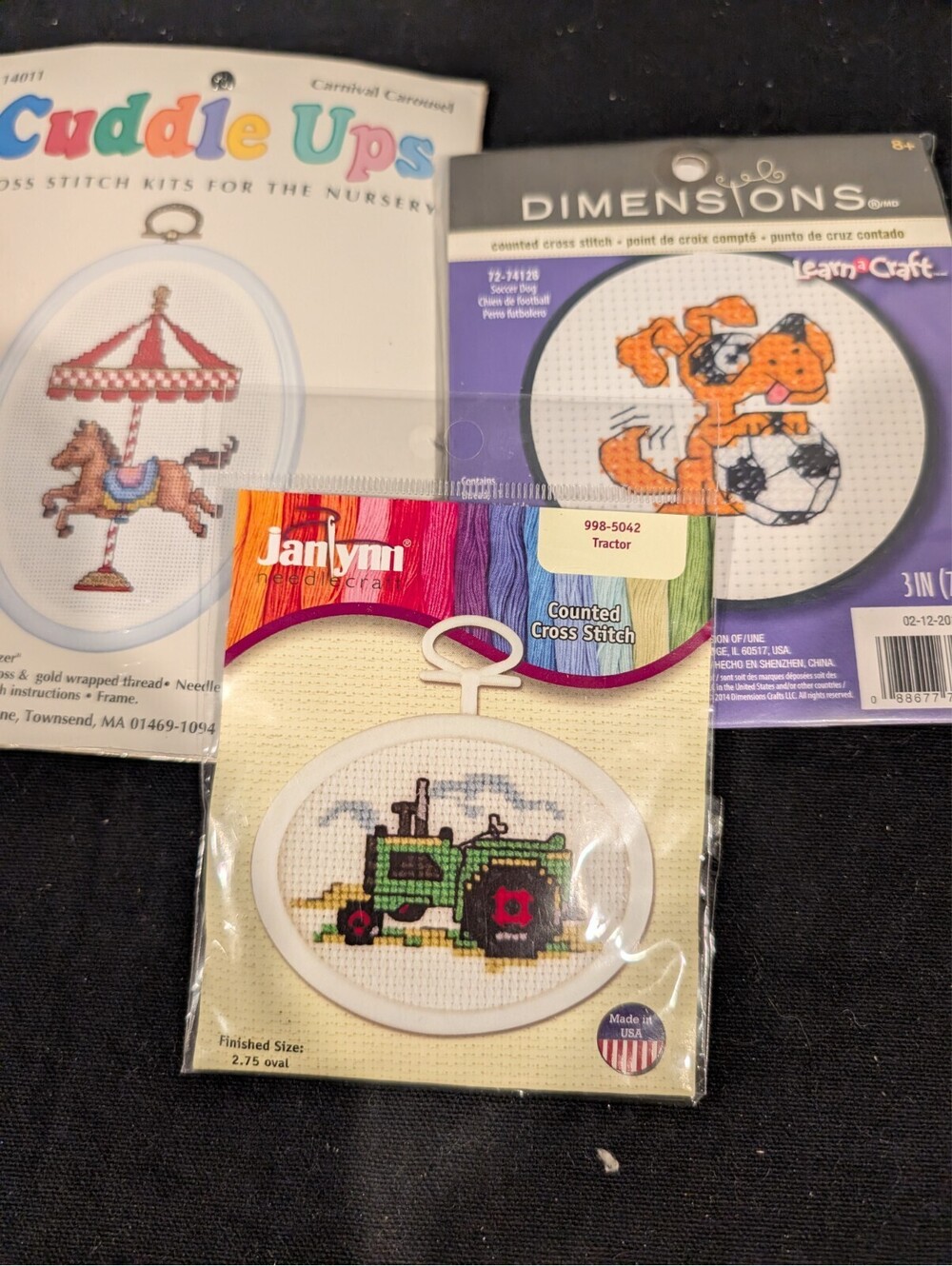3 Mini Cross Stitch Kits Dimensions Soccer Dog Janlynn Tractor Cuddle Ups